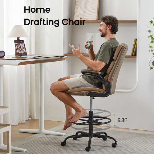 Drafting Chair Tall Office Chair with Padded Flip-up Armrests Executive Ergonomic Computer Standing Desk Chair with Comfortable Leather Backrest and Adjustable Footrest Ring (Tan)