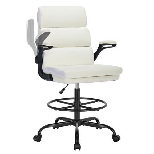 Drafting Chair Tall Office Chair with Padded Flip-up Armrests Executive Ergonomic Computer Standing Desk Chair with Comfortable Leather Backrest and Adjustable Footrest Ring (White)