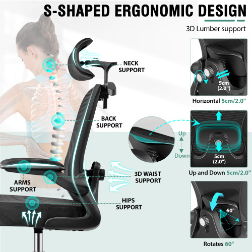 Drafting Chair, Tall Office Chair with 3D Lumbar & Head Support, Ergonomic Mesh Standing Desk Chair with Footring, Comfy Extended High Desk Chair with Flip-Up Arms & Hanger,Black