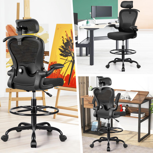 Drafting Chair, Tall Office Chair with 3D Lumbar & Head Support, Ergonomic Mesh Standing Desk Chair with Footring, Comfy Extended High Desk Chair with Flip-Up Arms & Hanger,Black