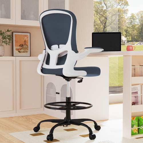 Drafting Chair, Tall Office Chair with Flip-up Armrests Executive Ergonomic Computer Standing Desk Chair, Office Drafting Chair with Lumbar Support and Adjustable Footrest Ring..