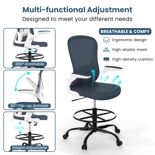 Drafting Chair, Tall Office Chair with Flip-up Armrests Executive Ergonomic Computer Standing Desk Chair, Office Drafting Chair with Lumbar Support and Adjustable Footrest Ring..
