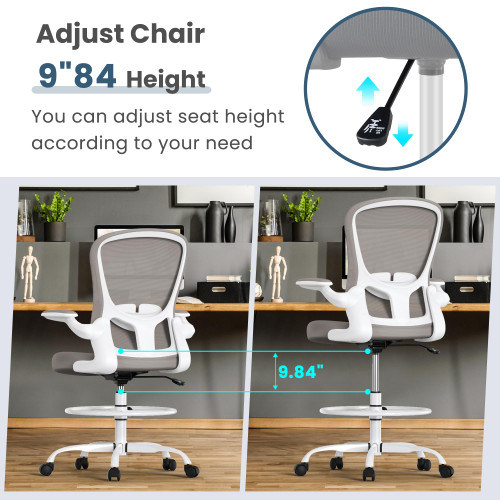 Drafting Chair, Tall Office Chair with Flip-up Armrests Executive Ergonomic Computer Standing Desk Chair, Office Drafting Chair with Lumbar Support and Adjustable Footrest Ring...