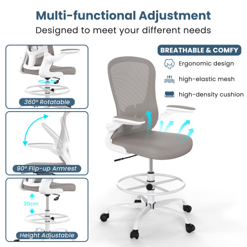 Drafting Chair, Tall Office Chair with Flip-up Armrests Executive Ergonomic Computer Standing Desk Chair, Office Drafting Chair with Lumbar Support and Adjustable Footrest Ring...