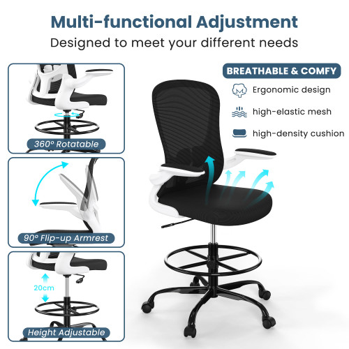 Drafting Chair, Tall Office Chair with Flip-up Armrests Executive Ergonomic Computer Standing Desk Chair, Office Drafting Chair with Lumbar Support and Adjustable Footrest Ring---
