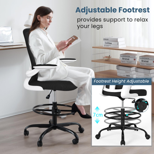 Drafting Chair, Tall Office Chair with Flip-up Armrests Executive Ergonomic Computer Standing Desk Chair, Office Drafting Chair with Lumbar Support and Adjustable Footrest Ring---