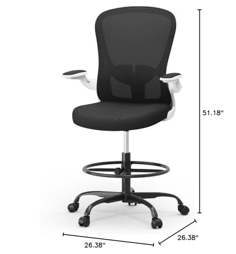 Drafting Chair, Tall Office Chair with Flip-up Armrests Executive Ergonomic Computer Standing Desk Chair, Office Drafting Chair with Lumbar Support and Adjustable Footrest Ring---