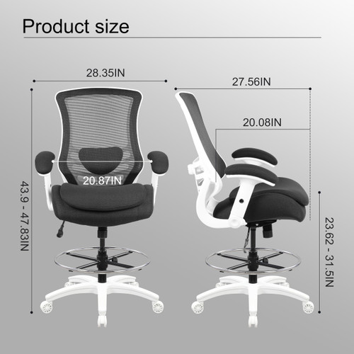 400lbs Mesh Ergonomic Drafting Chair, Tall Office Chair, Standing Desk Chair,Height Adjustable Armrest and Flipped Arms, Lumbar Support Swivel Computer Task Chair (LB-2815DS, Black)