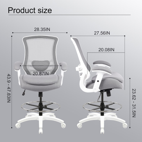 400lbs Mesh Ergonomic Drafting Chair,Tall Office Chair, Standing Desk Chair,Height Adjustable Armrest and Flipped Arms,Lumbar Support Swivel Computer Task Chair (LB-2815DS, Grey)