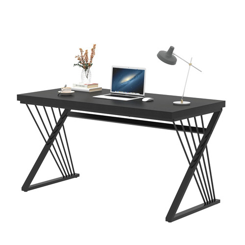 Black Desk, Modern Wood and Metal Computer Desk for Home Office, Simple Writing Work PC Desks for Bedroom, Industrial Study Gaming Table for Living Room, Black, 53 Inch