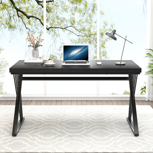 Black Desk, Modern Wood and Metal Computer Desk for Home Office, Simple Writing Work PC Desks for Bedroom, Industrial Study Gaming Table for Living Room, Black, 53 Inch