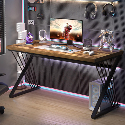 Home Office Desk, Modern Wood and Metal Computer Desk, Simple Writing Work PC Desks for Bedroom, Industrial Study Gaming Table for Living Room, Rustic Brown, 53 Inch