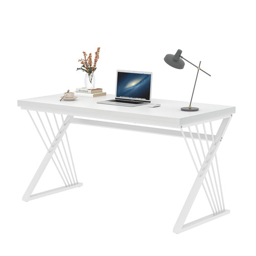 Modern White Desk, Rustic Wood and Metal Computer Desk for Home Office, Simple Writing Work PC Desks for Bedroom, Industrial Study Gaming Table for Living Room, White, 53 Inch