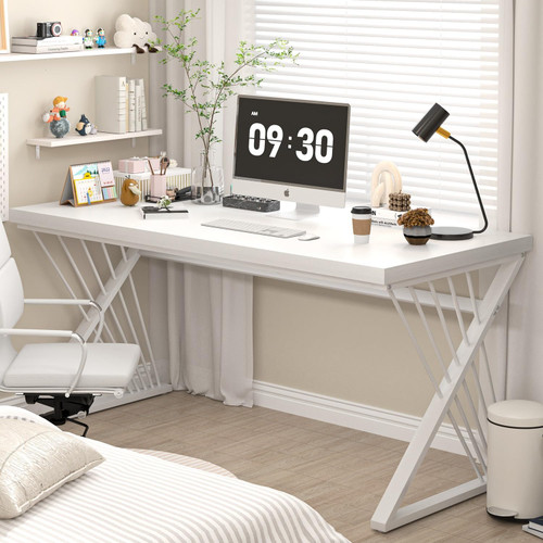 Modern White Desk, Rustic Wood and Metal Computer Desk for Home Office, Simple Writing Work PC Desks for Bedroom, Industrial Study Gaming Table for Living Room, White, 53 Inch