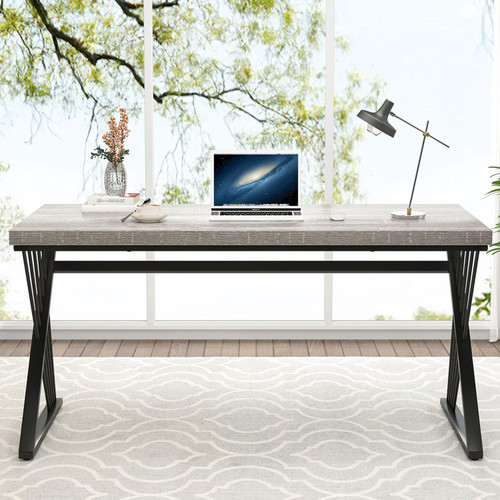 Modern Desk, Rustic Wood and Metal Computer Desks for Home Office, Simple Study Writing Work Table for Bedroom Living Room, Light Grey, 60 Inch