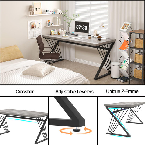 Modern Desk, Rustic Wood and Metal Computer Desks for Home Office, Simple Study Writing Work Table for Bedroom Living Room, Light Grey, 60 Inch