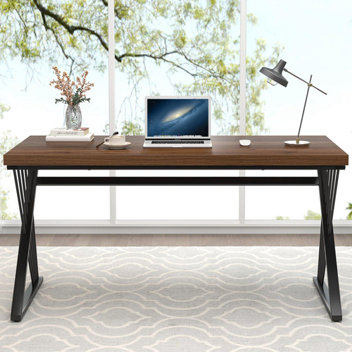 Office Desk, Modern Wood and Metal Home Desk, Writing Study Work Desks for Bedroom, Industrial PC Gaming Table for Living Room, Walnut, 60 Inch