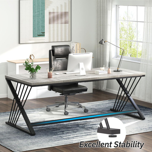 70.9" Industrial Computer Desk with Z-Shaped Legs, Modern Home Office Desk for 2 Person, Large Gaming Executive Workstation Study Table for Bedroom Writing, Light Grey