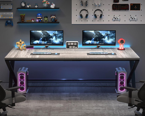 70.9" Industrial Computer Desk with Z-Shaped Legs, Modern Home Office Desk for 2 Person, Large Gaming Executive Workstation Study Table for Bedroom Writing, Light Grey