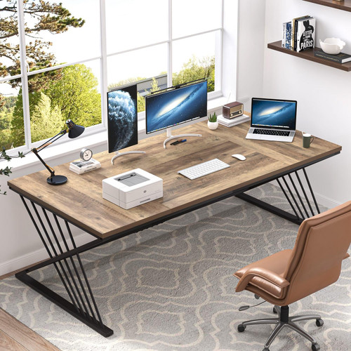 70.9" Computer Desk with Z-Shaped Legs, Industrial Work Executive Home Office Desk, Large 2 Person Gaming Study Desk Writing Table, Oak