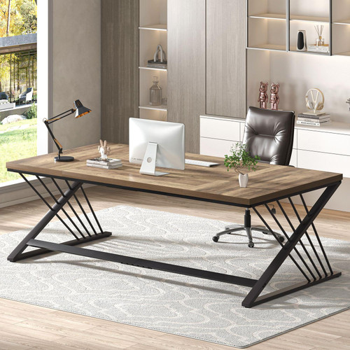 70.9" Computer Desk with Z-Shaped Legs, Industrial Work Executive Home Office Desk, Large 2 Person Gaming Study Desk Writing Table, Oak