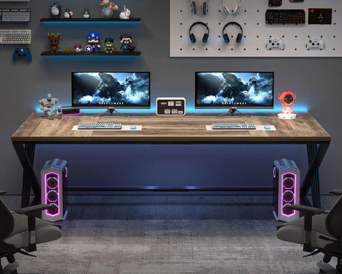 70.9" Computer Desk with Z-Shaped Legs, Industrial Work Executive Home Office Desk, Large 2 Person Gaming Study Desk Writing Table, Oak