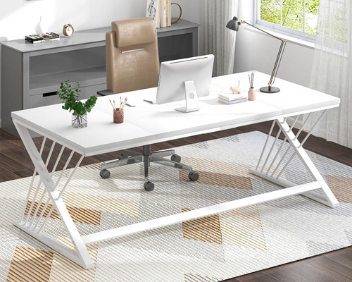 70.9" Modern Computer Desk with Z-Shaped Legs, Industrial Executive Home Office Desk for 2 Person, Large Writing Study Table for Bedroom, Gaming Workstation, White