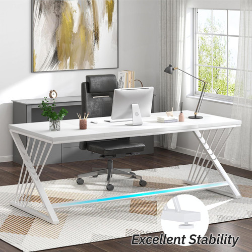 70.9" Modern Computer Desk with Z-Shaped Legs, Industrial Executive Home Office Desk for 2 Person, Large Writing Study Table for Bedroom, Gaming Workstation, White