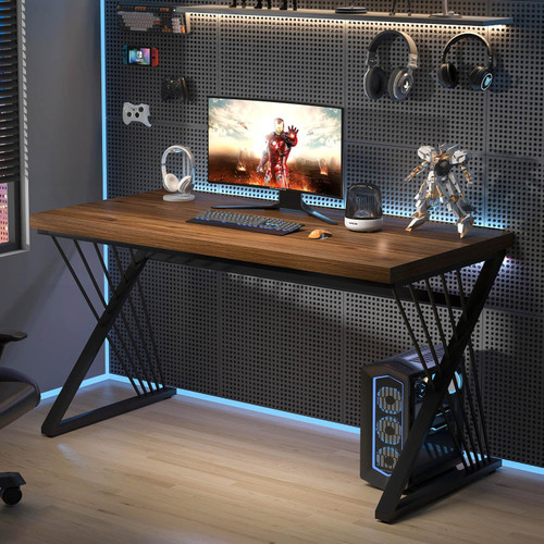 Home Office Desks, Modern Wood and Metal Writing Study Work Table, Industrial Computer Desk for Bedroom Living Room, Rustic Walnut, 47 Inch