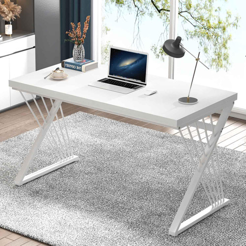 White Desk, Modern Wood and Metal Computer Desk for Home Office, Simple Writing Work PC Desks for Bedroom, Industrial Study Gaming Table for Living Room, White, 47 Inch