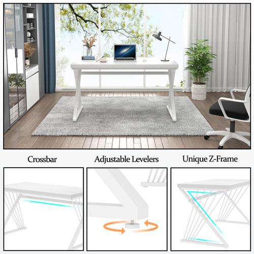 White Desk, Modern Wood and Metal Computer Desk for Home Office, Simple Writing Work PC Desks for Bedroom, Industrial Study Gaming Table for Living Room, White, 47 Inch