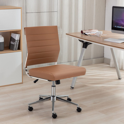 Brown Armless Office Desk Chair, Mid Back Ergonomic Swivel Conference Room Chairs, Adjustable Height PU Leather Home Desk Chair, Modern Small Rolling Computer Task Chair