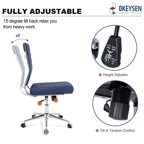 Armless Office Desk Chair, Mid Back Ergonomic Swivel Conference Room Chair, Adjustable Height PU Leather Home Desk Chair, Modern Small Rolling Computer Task Chair, Navy Blue