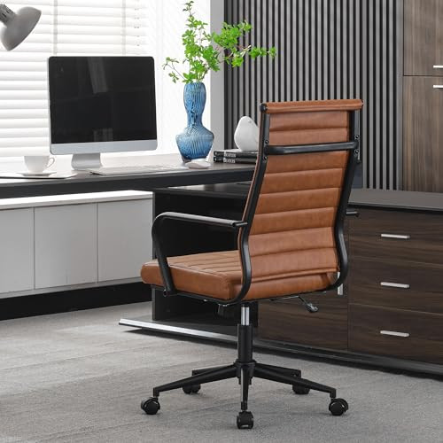 Leather Office Desk Chair, Mid-Century Modern Leather Conference Room Chairs, Ergonomic Executive Ribbed Height Adjustable Swivel Rolling Chair for Home Office.