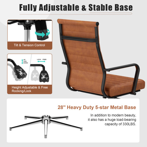 Leather Office Desk Chair, Mid-Century Modern Leather Conference Room Chairs, Ergonomic Executive Ribbed Height Adjustable Swivel Rolling Chair for Home Office.