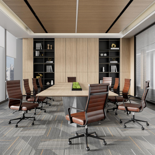 Genuine Leather Office Desk Chair, Mid-Century Modern Real Leather Conference Room Chairs, Ergonomic Executive Ribbed Height Adjustable Swivel Rolling Chair for Home Office.