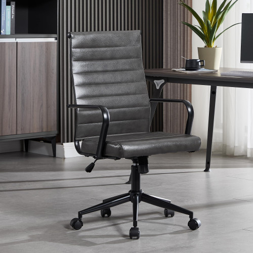 Genuine Leather Office Desk Chair, Mid-Century Modern Real Leather Conference Room Chairs, Ergonomic Executive Ribbed Height Adjustable Swivel Rolling Chair for Home Office..