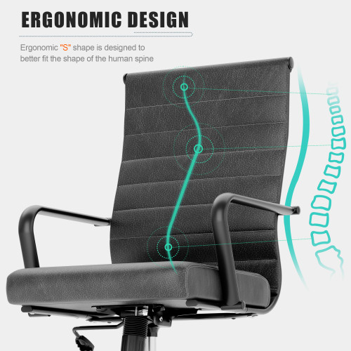 Genuine Leather Office Desk Chair, Mid-Century Modern Real Leather Conference Room Chairs, Ergonomic Executive Ribbed Height Adjustable Swivel Rolling Chair for Home Office..