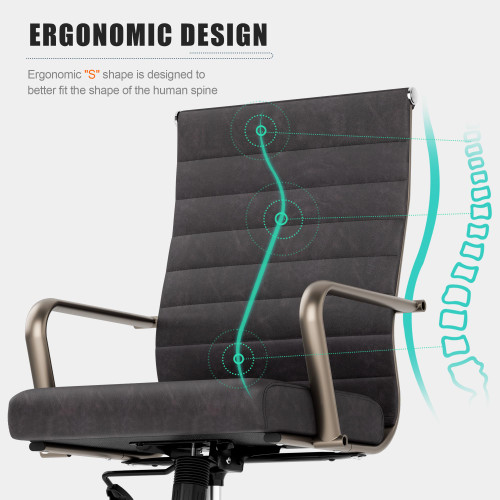 Leather Office Desk Chair, Ergonomic Mid Century Modern Conference Room Chairs, Executive Ribbed Height Adjustable Swivel Rolling Chair for Home Office.