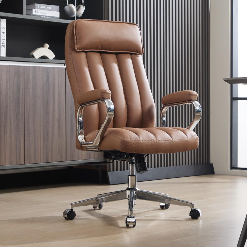 Executive Office Chair, Modern Leather Chair with Headrest & Lumbar Support, High Back Ergonomic Chair with Padded Armrests & Seat, Height Adjustable Swivel Rolling Chair for Home Office..