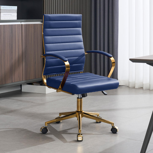 Gold Office Desk Chair, Ergonomic Leather Modern Conference Room Chairs, Executive Ribbed Height Adjustable Swivel Rolling Golden Chair for Home Office!