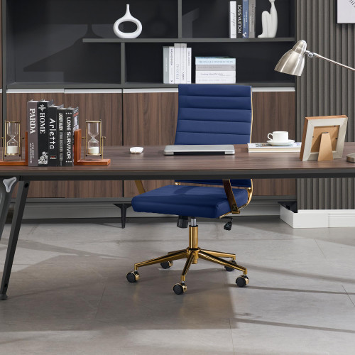 Gold Office Desk Chair, Ergonomic Leather Modern Conference Room Chairs, Executive Ribbed Height Adjustable Swivel Rolling Golden Chair for Home Office!