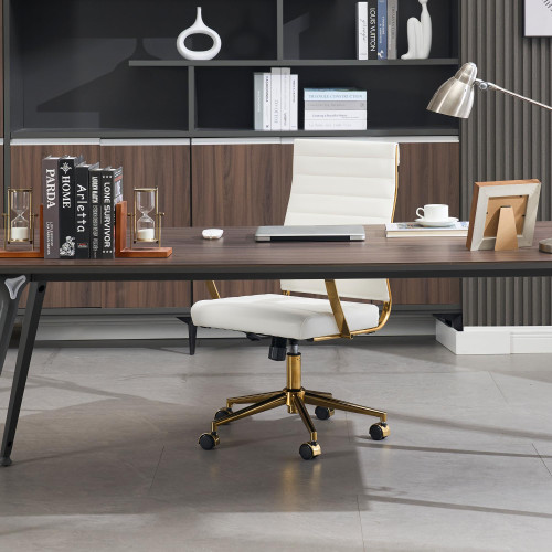 Gold Office Desk Chair, Ergonomic Leather Modern Conference Room Chairs, Executive Ribbed Height Adjustable Swivel Rolling Golden Chair for Home Office...