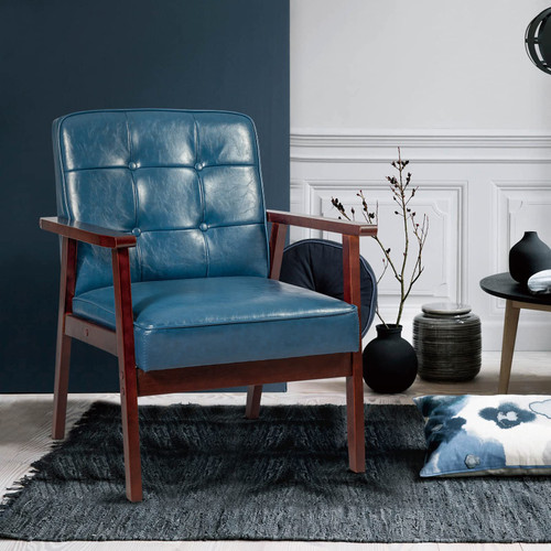 Mid Century Modern Accent Chairs, Retro Wood and Leather Armchairs Side Chair, Lounge Reading Comfy Arm Chair for Living Room, Bedroom, Office (Blue)