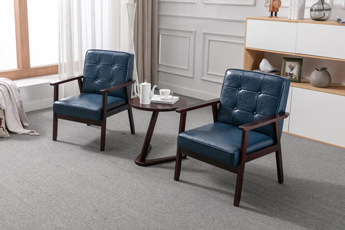 Mid Century Modern Accent Chairs, Retro Wood and Leather Armchairs Side Chair, Lounge Reading Comfy Arm Chair for Living Room, Bedroom, Office (Blue)