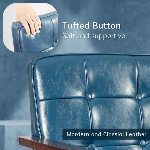 Mid Century Modern Accent Chairs, Retro Wood and Leather Armchairs Side Chair, Lounge Reading Comfy Arm Chair for Living Room, Bedroom, Office (Blue)