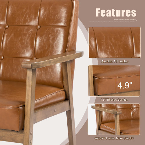 Mid Century Modern Accent Chair, Retro Wood Leather Armchairs Side Chair, Lounge Reading Comfy Arm Chair for Living Room, Bedroom, Office (Brown)