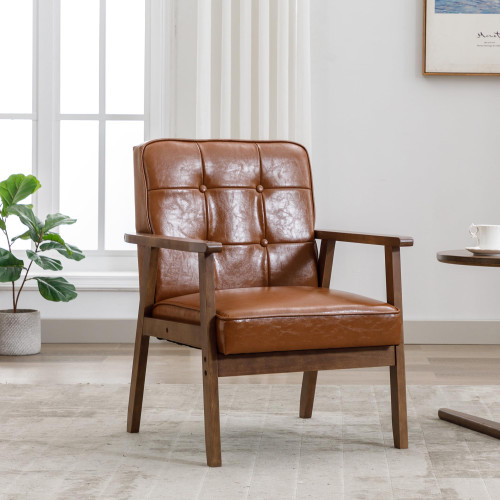 Mid Century Modern Accent Chair, Retro Wood Leather Armchairs Side Chair, Lounge Reading Comfy Arm Chair for Living Room, Bedroom, Office (Brown)