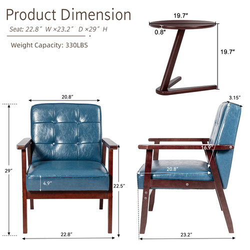 Accent Chairs Set of 2 with Side Table, Mid Century Modern Accent Chair, Retro Wood and Fabric Armchairs Side, Lounge Reading Comfy Arm Chair for Living Room, Bedroom, Office