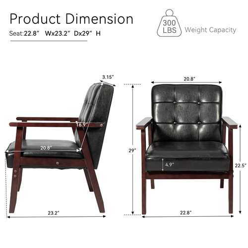 Accent Chairs Set of 2, Mid Century Modern Accent Chair, Retro Wood and Leather Armchairs Side Chair, Lounge Reading Comfy Arm Chair for Living Room, Bedroom, Office